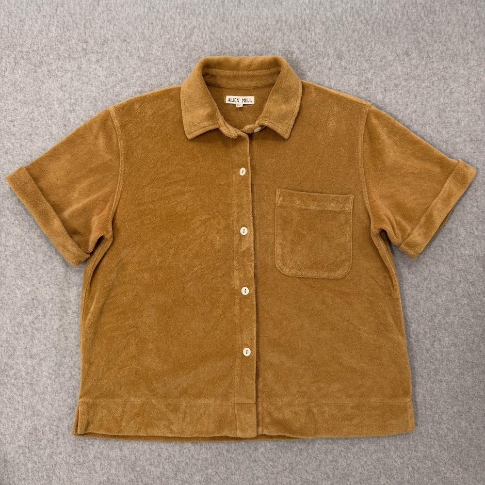 Alex Mill Benny Brown Cotton Blend Terry Short Sleeve Button Down Shirt Size XS